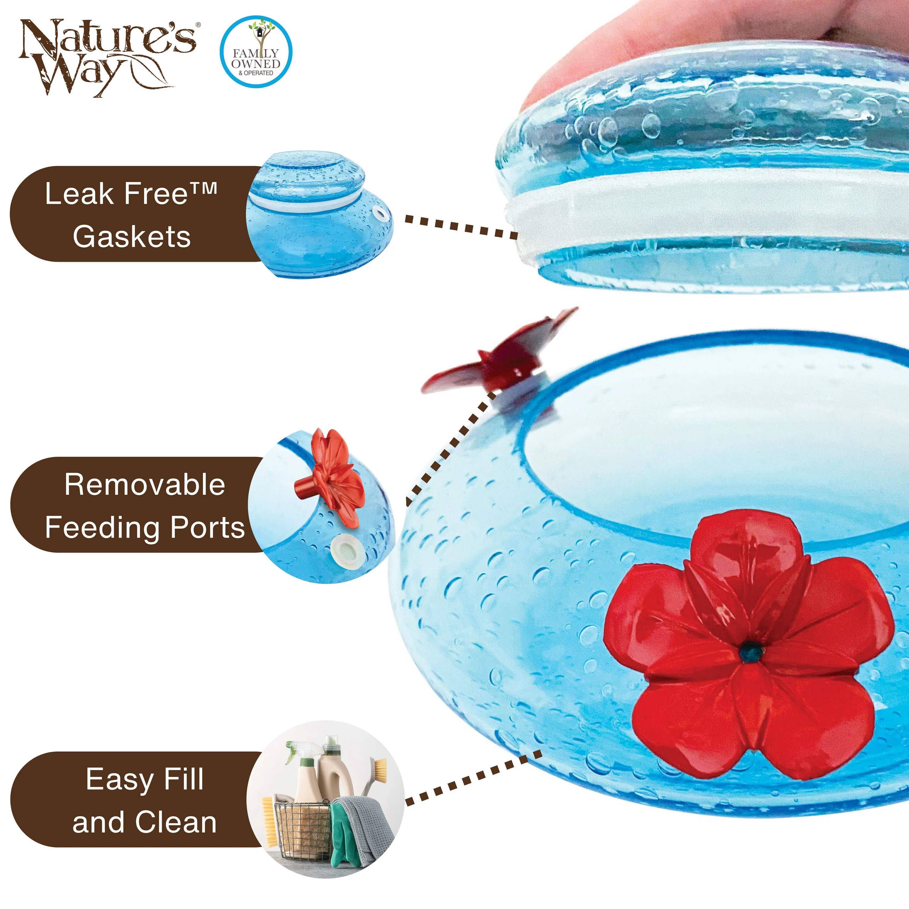 Mason Jar Blue Handblown Glass Top-Fill Dish Hummingbird Feeder - Image 4