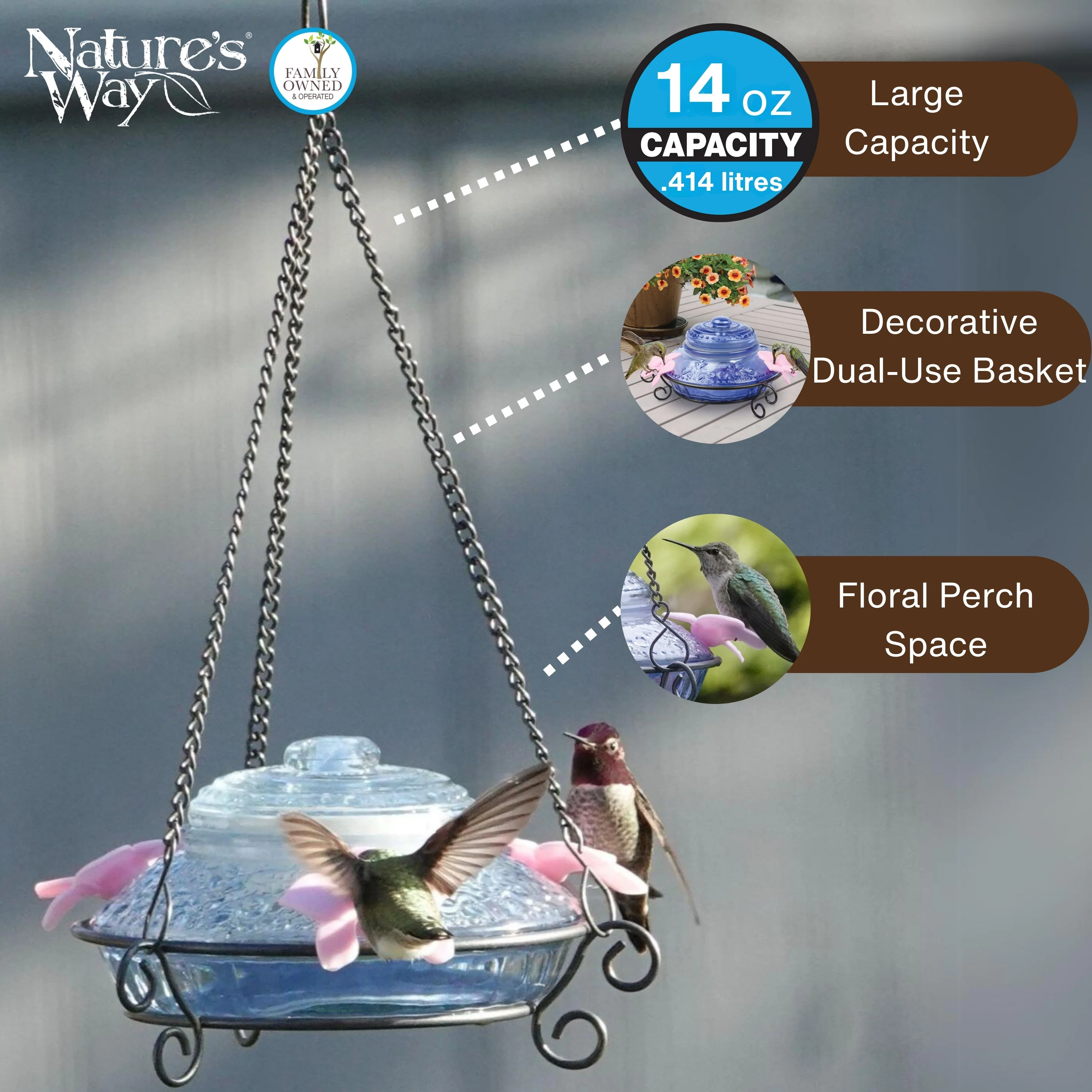 Illuminated Blue Antique Top-Fill Dish Hummingbird Feeder - Image 3