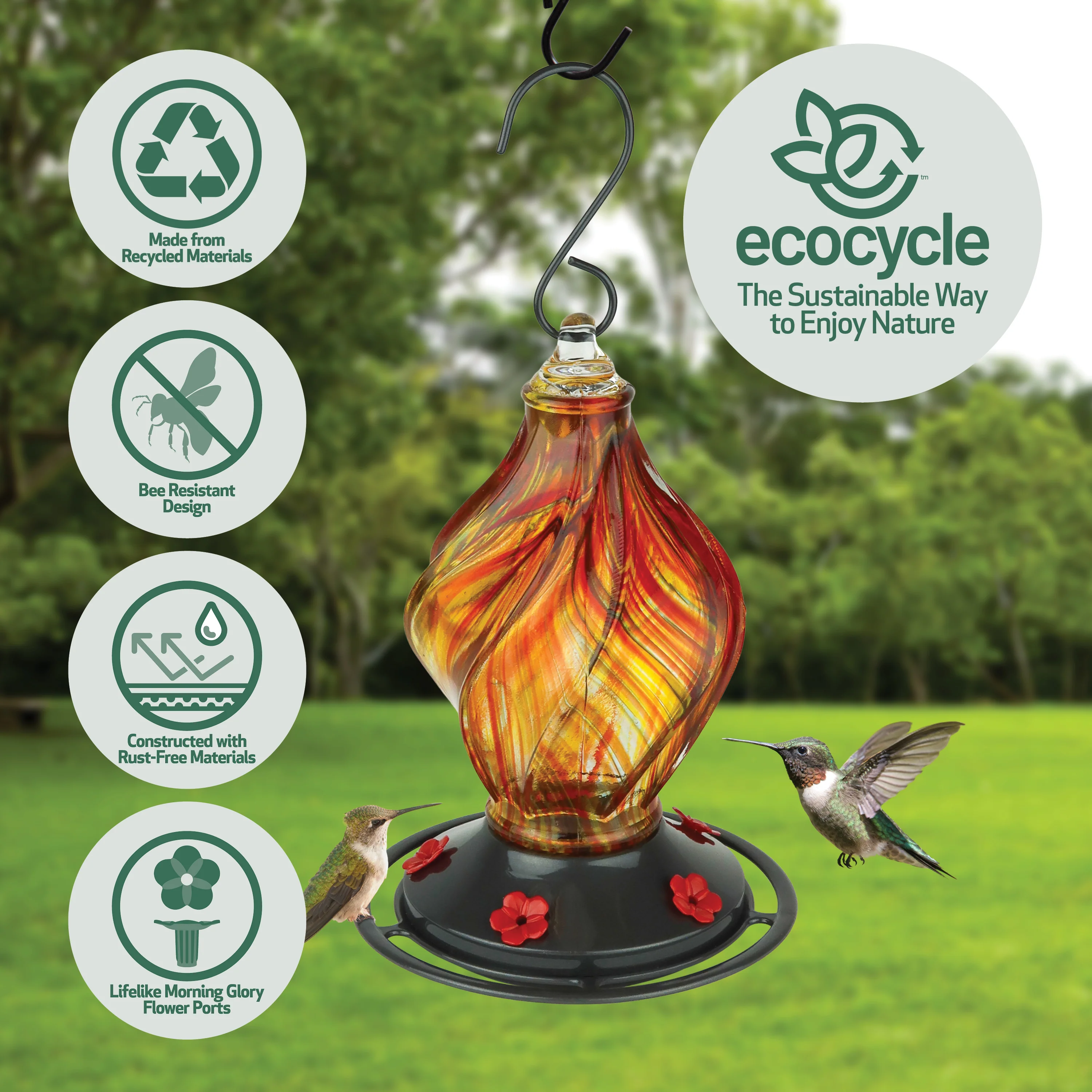 Sunburst Sipper Handblown Recycled Glass Hummingbird Feeder - Image 3